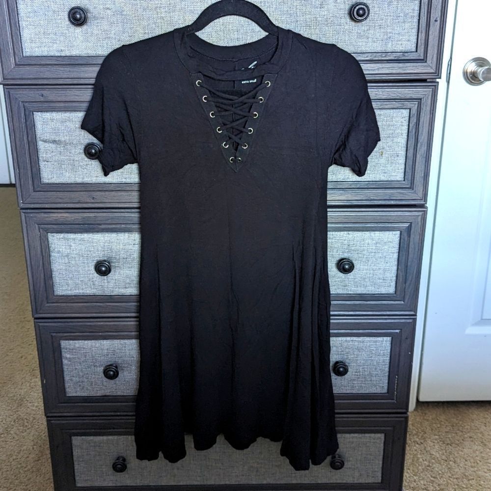 XS Black Alya Women's Lace Up T-Shirt Dress